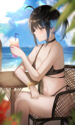 ahoge armpit_crease artist_name bad_leg bangs bare_arms bare_shoulders beach bikini black_bikini black_choker black_hair black_swimsuit blurry blush bracelet breasts brown_eyes chair choker clavicle cleavage cross cross_(symbol) cross_earrings crossed_arms crossed_legs cup day depth_of_field drink drinking_glass drinking_straw earrings eyebrows_visible_through_hair female flower glass_(cup) hair_ornament hairclip high_resolution highleg highleg_bikini highleg_swimsuit highlights holding holding_cup irene_(kanniiepan) jewelry kanniiepan large_filesize leaf long_hair looking_away medium_breasts midriff mole mole_under_eye multicolored_hair navel ocean original outdoors piercing pixiv ponytail sand scrunchie side-tie_bikini single_earring sitting sitting_on_chair solo stomach string_bikini sunbeam sunlight swimsuit table tagme text thighs tied_hair tropical_drink two-tone_hair very_high_resolution water wrist_scrunchie x_hair_ornament