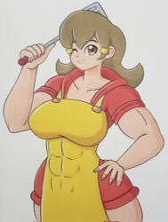 5-volt abs brown_eyes brown_hair jumneyarts mario_(series) milf muscular_female nintendo spatula wario_(series) warioware wink