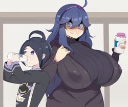 1boy 1girls 2021 allister_(pokemon) alternate_breast_size ara_ara big_breasts cowlick cuteakita dress hex_maniac huge_breasts milk nipple_bulge onion_(pokemon) pokemon pokemon_ss pokemon_xy purple_hair sweater