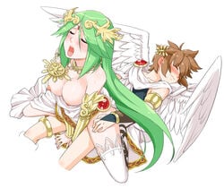 1boy angel angel_wings big_breasts blush bracer breasts brown_hair closed_eyes cowgirl_position crown deep_penetration deyezi drooling feathered_wings female gauntlets gladiator_sandals goddess gold green_hair humanoid_on_humanoid jewelry kid_icarus kid_icarus_uprising large_breasts long_green_hair long_hair male moaning neck_ring necklace nintendo nipples open_mouth orgasm palutena pit_(kid_icarus) reverse_cowgirl_position sex sex_from_behind short_hair single_thighhigh stockings straddling straight thighhighs thighs tongue_out vambraces very_long_hair wings