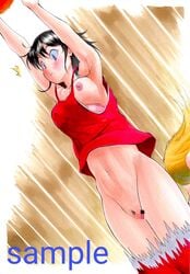 2girls :< ^^^ absurdres accidental_exposure aoizayou armpits arms_up assisted_exposure baseball_uniform basketball black_hair blonde_hair blue_eyes blush bra bra_pull breasts clothes_pull covered_nipples dutch_angle embarrassed falling groin highres large_breasts long_hair medium_hair motion_blur multiple_girls navel nipples no_panties one_breast_out original panties pantsing panty_pull pink_bra pubic_hair raised_eyebrows red_shorts red_tank_top shorts solo_focus sparse_pubic_hair sportswear standing surprised tank_top throwing underwear