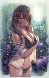 atlus bare_shoulders bikini bikini_bottom bikini_top blush bottomwear breasts bug butterfly cameltoe clavicle cleft_of_venus clothing cowboy_shot flower grin hair_down heartseek000 high_resolution human hydrangea insects kujikawa_rise large_breasts midriff navel off_shoulder open_clothes open_shirt persona persona_4 see-through shirt smile swimsuit swimwear tagme topwear very_high_resolution wet yahiro_(heartseek000)