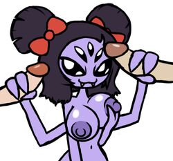 2boys 4_arms 5_eyes anthro arthropod arthropod_humanoid bow breasts bug double_handjob fangs female female_focus hand_on_breast handjob insects looking_at_viewer male male/female muffet multi_arm multi_eye multi_limb naked navel nipples nude nude_female nudity penis purple_body screwroot smile spider spider_humanoid straight top_view twintails undertale white_background