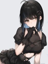 ahoge bangs black_dress black_gloves black_hair black_ribbon black_skirt blush breasts brown_eyes colored_inner_hair cross cross_earrings dress earrings female gloves hair_ornament hair_ribbon hand_on_own_chin hand_up high_resolution irene_(kanniiepan) jewelry kanniiepan large_filesize looking_at_viewer medium_breasts medium_hair mole mole_under_eye multicolored_hair original pixiv puffy_short_sleeves puffy_sleeves ribbon see-through short_sleeves simple_background skirt solo tagme very_high_resolution white_background