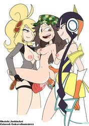 3girls alternate_costume alternate_hairstyle areolae black_hair blonde_hair breasts cynthia_(pokemon) double_penetration elesa_(pokemon) female hat joshin leaf_(pokemon) multiple_girls nipples pokemon pokemon_bw pokemon_bw2 pokemon_dppt pokemon_frlg pokemon_masters strap-on sygna_suit_cynthia sygna_suit_elesa sygna_suit_leaf white_background yuri