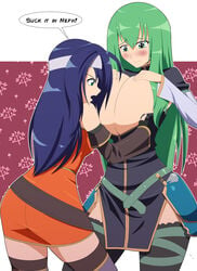 2girls ass bare_thighs blue_hair blush breast_grab breast_hold breast_lift breasts bursting_breasts cleavage detached_sleeves elbow_gloves embarrassed female female_only fingerless_gloves fire_emblem fire_emblem:_path_of_radiance fire_emblem:_radiant_dawn gloves green_eyes green_hair huge_breasts kojiro-brushard long_hair mia_(fire_emblem) nephenee_(fire_emblem) nintendo thighhighs tight_clothing undersized_clothes very_long_hair