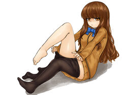 1girls breasts brown_eyes brown_hair fate_(series) feet female female_only foot_fetish hakuno_kishinami long_hair looking_at_viewer pantyhose ribbon steamingtofu white_background