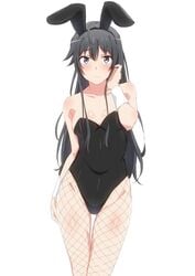 1girls absurdres animal_ears bangs bare_shoulders black_hair blue_eyes blush breasts bunny_hair_ornament bunnysuit cleavage embarrassed female female_only fishnets hair_ornament highres hip_bones legs long_hair looking_at_viewer medium_breasts my_teen_romantic_comedy_snafu narrow_waist pantyhose rabbit_ears shou937 solo standing white_background yukinoshita_yukino