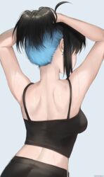 arms_behind_head arms_up artist_name back black_hair blue_background blue_hair breasts camisole crop_top cross cross_earrings earrings female from_behind high_resolution holding holding_hair irene_(kanniiepan) jewelry kanniiepan mole mole_on_neck multicolored_hair original shoulder_blades solo sweat tagme tying_hair upper_body very_high_resolution