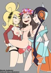 3girls alternate_costume alternate_hairstyle areolae black_hair blonde_hair breasts cynthia_(pokemon) double_penetration elesa_(pokemon) ex_style_(pokemon_masters) ex_sygna_suit_cynthia ex_sygna_suit_elesa ex_sygna_suit_leaf hat joshin leaf_(pokemon) multiple_girls nipples pokemon pokemon_bw pokemon_bw2 pokemon_dppt pokemon_frlg pokemon_masters strap-on sygna_suit_cynthia sygna_suit_elesa sygna_suit_leaf yuri