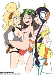 3girls alternate_costume alternate_hairstyle areolae black_hair blonde_hair breasts cynthia_(pokemon) double_penetration elesa_(pokemon) female hat joshin leaf_(pokemon) multiple_girls nipples pokemon pokemon_bw pokemon_bw2 pokemon_dppt pokemon_frlg pokemon_masters strap-on sygna_suit_cynthia sygna_suit_elesa sygna_suit_leaf white_background yuri