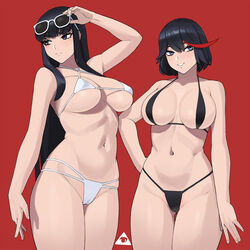 2girls belly_button big_breasts bikini black_bikini black_hair black_swimsuit blue_eyes breasts cleavage dark_hair donburikazoku eyelashes female female_only female_protagonist kill_la_kill kiryuuin_satsuki large_breasts light-skinned_female light_skin long_hair matoi_ryuuko multiple_females multiple_girls navel red_background short_hair siblings simple_background sisters standing stomach studio_trigger sunglasses sunglasses_on_head swimsuit tummy two_tone_hair white_bikini white_swimsuit