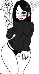 2021 angry bare_legs big_breasts black_hair black_panties black_sweater blush bottomless bottomless_female curvy embarrassed fanart goth joe_(corndogjoe) no_pants nosebleed panties peace_sign quetz_(artist) sunglasses text thick thick_thighs thought_bubble v veronica_(saltynoodles) white_skin wide_hips