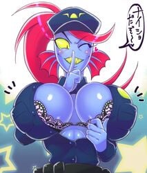 1girls a_amanatsuto abs big_breasts blue_skin bra female female_only furry hourglass_figure huge_breasts hyper_breasts police police_uniform policewoman red_hair tagme undertale undressing undyne