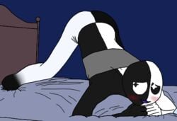 2021 ambiguous_gender ass_in_air ass_up bent_over blush clothed embarrassed jack-o_pose jackochallenge legs_apart maskyrade_(character) meme non-human on_bed pose puremaskyrade top-down_bottom-up youtuber