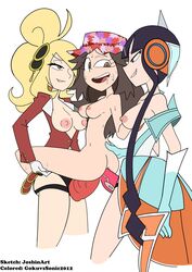 3girls alternate_costume alternate_hairstyle areolae black_hair blonde_hair breasts cynthia_(pokemon) double_penetration elesa_(pokemon) ex_style_(pokemon_masters) ex_sygna_suit_cynthia ex_sygna_suit_elesa ex_sygna_suit_leaf female hat joshin leaf_(pokemon) multiple_girls nipples pokemon pokemon_bw pokemon_bw2 pokemon_dppt pokemon_frlg pokemon_masters strap-on sygna_suit_cynthia sygna_suit_elesa sygna_suit_leaf yuri