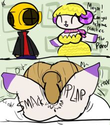 2019 animal_crossing dialogue female instant_loss_2koma klutzatdusk mating_press nintendo scarf sheep villager_(animal_crossing) willow_(animal_crossing) yellow_wool