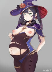 1girls areolae asabo5 belly_button blue_eyes breasts edit edited female female_only genshin_impact hat long_hair mona_(genshin_impact) nipples pregnant purple_hair ready_to_pop solo tagme