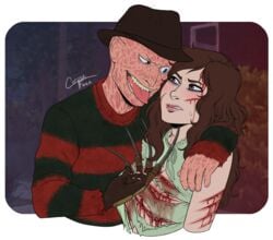 1boy 1boy1girl 1girls arms_behind_back arms_behind_head bleeding blood blue_eyes brown_hair claws clothed clothing corpseface dead_by_daylight defeated female forced freddy_krueger gore green_eyes hat looking_at_another male/female nightmare_on_elm_street ripped_clothing scar scars sharp_teeth sweater teasing teeth tongue tongue_out torn_clothes torn_clothing