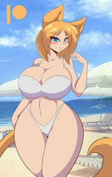 1girls 2021 anthro beach bikini blonde_hair blue_eyes breasts cleavage female female_only furry huge_breasts looking_at_viewer mastergodai original original_character short_hair solo tan_fur thick_thighs voluptuous wide_hips