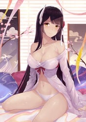 1girls alexiel_(pixiv6211566) alternative_costume anthropomorphization autumn_leaves azur_lane bangs bare_shoulders barefoot black_hair blunt_bangs blush breasts clavicle cleavage eyebrows_visible_through_hair female flower groin hair_flower hair_ornament halterneck has_bad_revision has_downscaled_revision hiei_(azur_lane) hiei_(pilgrimage_of_moonlight)_(azur_lane) high_resolution horns indoors large_breasts light-skinned_female light_skin long_hair long_sleeves looking_at_viewer night off_shoulder open_mouth pantsu red_ribbon rei_no_himo ribbon sakura_empire_(azur_lane) seiza sitting sleepwear smile solo tagme thighs underwear weiza yellow_eyes