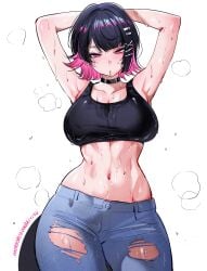 1girls armpits arms_behind_head ass big_ass big_breasts big_thighs black_hair breasts curvaceous curvy curvy_female curvy_figure ellen_joe female huge_ass huge_thighs jeans multicolored_hair pink_hair qiandaiyiyu shark_girl shark_tail shark_teeth sharp_teeth short_hair sweat sweatdrop sweating tagme tank_top thick_thighs thighs wet wet_body wet_skin zenless_zone_zero