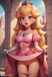 1girls ai_generated artist_name ass_visible_through_thighs bare_shoulders blonde_hair blue_eyes bow_panties breasts castle choker clothes_lift crown day dress dress_lift earrings elbow_gloves gloves hi_res jewelry lifted_by_self lips long_hair looking_at_viewer mario_(series) medium_breasts nintendo open_mouth outdoors panties panty_pull patreon_logo patreon_username pink_choker pink_dress pink_panties pixiv_username princess_peach puffy_sleeves pussy rule34lab shiny_skin solo sphere_earrings super_mario_bros. tongue tongue_out uncensored underwear white_gloves