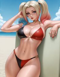 2025 adult_swim ai_generated beach_background belly black_and_red_bikini dc_animated_universe deviantart harley_quinn_(2019) harley_quinn_(series) looking_at_viewer tummy vitoryt warner_bros._animation