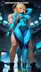1boy 1girls 2025 ai_assisted ai_generated anime artist_name blonde_hair bodysuit breast_grab breasts bust clock computer explicit female grabbing grabbing_from_behind groping hi_res high_quality high_resolution highres male metroid mole mole_under_mouth monitor muscular muscular_female nintendo nipple_tweak patreon patreon_username planet ponytail samus_aran skypassion stable_diffusion watermark zero_suit