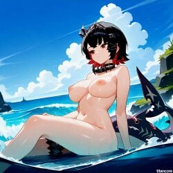 (titancore) ai_generated animal_humanoid beautiful_female big_breasts black_hair choker clean_pussy clouds curvy_figure ellen_joe female girl hair_ornament hairclip maid monster_girl multicolored_hair nipples ocean outside pussy red_eyes red_hair sea shark_girl shark_humanoid shark_tail short_hair video_game_character water waves wet_body wet_skin zenless_zone_zero