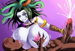 1boy 1girls ai_generated breast_sucking breasts breasts_bigger_than_head breasts_milk cum cumshot dark-skinned_male greek_mythology green_hair huge_breasts interracial interspecies kid_icarus kid_icarus_uprising medusa_(kid_icarus) motion_blur motion_lines nintendo nipples nursing_handjob oversized_breasts snake snake_girl snake_hair
