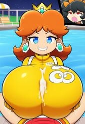 1girl1futa 2girls ai_generated alternate_breast_size ashley_(warioware) big_breasts black_hair blue_eyes cum cum_on_breasts cumshot earrings futanari grin huge_breasts large_breasts looking_at_viewer mario_(series) moaning night orange_hair paizuri paizuri_under_clothes princess_daisy racing_suit red_eyes smug super_mario_bros. swimming_pool