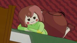 3d 3d_(artwork) ass basic_background bed black_eyes blender blender_eevee brown_boots brown_hair brown_shorts bubble_butt cartoony chara clothed clothing fully_clothed green_clothing hyper_ass hyper_butt jiggle laying_on_bed prone red_cheeks rosy_cheeks shorts small_smile smile suggestive undertale white_body