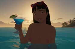 2d ai_generated beach brown_skin chel chel_(the_road_to_el_dorado) dreamworks margarita massive_breasts sunglasses_on_head wet_body