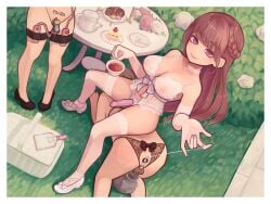 1girls 2boys absurdres all_fours aneros anus_cutout babydoll black_bow black_panties black_shoes border bow bow_panties braid breasts brown_hair bush cake cake_slice chastity chastity_cage chastity_cage_emission chastity_device choker cleavage closed_mouth collecting_cum commentary_request covered_nipples covered_testicles cum cum_in_container cup dildo dominant_female dutch_angle elbow_gloves female female_domination femdom feminization floating_hair flower food footwear_bow fork frilled_choker frills from_above gloves hand_up high_heels highres holding holding_cup human_chair human_furniture kikiu_bd lace lace-trimmed_gloves lace-trimmed_thighhighs lace_babydoll lace_panties lace_trim large_breasts long_hair looking_at_viewer male malesub multiple_boys nipples nude on_grass original outdoors outside paddle padlocked_chastity_cage panties pastry picnic_basket pink_flower pink_rose plate precum precum_drip prostate_massager prostate_milking pubic_tattoo pumps red_eyes remote_control_vibrator rose see-through_babydoll see-through_clothes sex_toy shoes sidelocks sitting sitting_on_person smile standing straight strap-on strappy_heels strawberry_shortcake_(food) string string_pull swept_bangs table tattoo tea teacup teapot teatime thigh_strap thighhighs tube_chastity_cage underwear vase vibrator vibrator_cord vibrator_in_thigh_strap waist_bow white_babydoll white_border white_bow white_choker white_flower white_rose white_shoes white_thighhighs