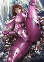 big_ass big_breasts bodysuit brown_hair hime_cut koukawa_asuka large_breasts lexaiduer long_hair suit taimanin_asagi thick_thighs thighhighs tight_clothing