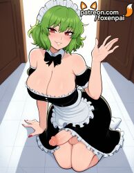 1futa 2025 ai_generated apron aqua_nails artist_name black_bow black_bowtie black_nails blue_nails blush bow breasts bust chest cleavage cock dick dress enmaided erection eyebrows_visible_through_hair fingernails foxenpai frills futanari green_hair green_nails hi_res high_quality high_resolution highres long_fingernails maid maid_headdress nail_polish on_floor otoko_no_ko patreon patreon_username penis pink_nails precum purple_nails red_eyes red_nails seiza short_hair smile solo stable_diffusion testicles tile_floor tiles toenail_polish touhou waist_apron watermark white_apron yuuka_kazami