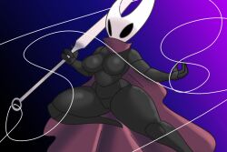 3_fingers anthro arthropod bent_leg black_body breasts cape clothing exoskeleton featureless_breasts female fingers genitals holding_object holding_weapon hollow_knight_(franchise) hornet_(hollow_knight) insects melee_weapon pointed_feet simple_background solo sword team_cherry thick_thighs void_eyes vulva weapon whitestellar