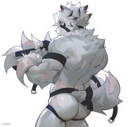 1boy animal_ears artist_name ass bara black_gloves claws closed_mouth colored_tips comb fingerless_gloves from_behind furry furry_male gloves highres holding holding_comb jockstrap lanladeo looking_at_viewer looking_back male_focus male_underwear multicolored_hair muscular muscular_male nude smile tail tail_belt underwear von_lycaon white_background wolf_boy wolf_ears wolf_tail zenless_zone_zero