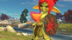 3d bella_(coot27) breast_sucking breasts coot27 discomfort firearm futa_only futanari goblin goblin_futa green_skin gun handgun humanoid ineffective_clothing intersex loincloth nude outdoors penis penis_peek red_hair red_slime shield slime slime_monster solo sucking tagme testicles topless video weapon