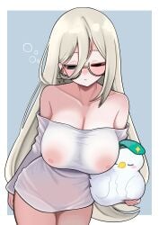 :/ aia_amare artist_request covered_nipples holding_plushie huge_breasts indie_virtual_youtuber naked_shirt nipple_bulge nipples_visible_through_clothing one_eye_closed second-party_source skeb_commission sleepy thick_thighs virtual_youtuber wide_hips