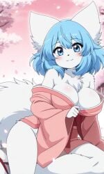 ai ai-created ai_art ai_generated bare_shoulders big_breasts blue_eyes blue_hair cherry_blossom cherry_blossoms kimono kimono_open pixai seductive_smile smile undressing vtuber vtuberfanart vtubers white_body white_fur white_skin wolf wolf_ears wolf_girl wolf_humanoid wolfychu youtube youtuber youtuber_girl youtubers