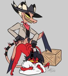 ass black_hair clothed clothing demon demon_humanoid doggy_style duo female female_penetrated from_behind_position hair hat headgear headwear hellaverse helluva_boss hi_res horn humanoid imp kojot male male/female male_penetrating male_penetrating_female millie_(helluva_boss) muscular muscular_male nude open_mouth open_smile partially_clothed penetration red_body sex simple_background smile striker_(helluva_boss) tail thick_thighs