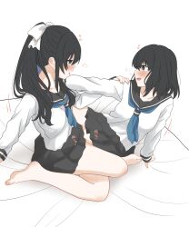 2girls absurdres barefoot black_hair black_hair_female black_sailor_collar black_skirt blue_eyes blue_neckerchief brown_eyes commentary_request female female/female female_only heart hearts hearts_around_head highres kurosawa_karura lesbian_sex long_hair medium_hair motion_lines multiple_girls neckerchief no_panties on_bed original pleated_skirt ponytail pussy_to_pussy sailor_collar school_uniform scissoring serafuku shirt skirt spread_legs tribadism white_shirt yuri