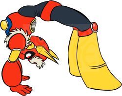 1boy 2d armor back_bend black_clothing boots capcom curvy curvy_figure dorkature flexible gloves helmet hi_res high_resolution highres male_only mask masked masked_male mega_man mega_man_(classic) metal_man no_visible_genitalia red_armor red_eyes robot robot_master shadow_over_eyes solo solo_male watermark