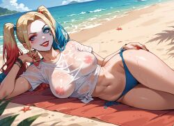 2025 ai_generated aiafterdark beach_background belly blue_bikini boobs_out breasts_out dc_extended_universe deviantart grinning_at_viewer hand_on_hip harley_quinn_(suicide_squad) looking_at_viewer smiling_at_viewer suicide_squad_(2016) tummy warner_bros._pictures wet_body wet_shirt white_shirt