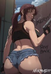 ai_generated ass_focus back_view black_lagoon black_shirt brown_eyes brown_hair bubble_butt cigarette denim_shorts female fingerless_gloves graffiti graffiti_on_wall gun holster hot_pants huge_ass long_hair looking_at_viewer looking_back_at_viewer micro_shorts normad11 pistol ponytail revy revy_(black_lagoon) sexy sexy_body sexy_clothing sexy_female smoking smug solo tank_top tattoo tattoos underboob
