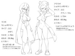 2girls aurea_juniper breasts breasts_out drdrknight female female_focus female_only fennel_(pokemon) hair_ornament japanese_text lab_coat lab_coat_only labcoat long_hair monochrome multiple_females multiple_girls nintendo nipples no_bra no_panties pokemon pokemon_bw pokemon_professor short_hair standing text translation_request