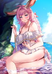 aki663 animal_ears bikini braid bunny_ears dress esser_(granblue_fantasy) granblue_fantasy pussy skirt_lift swimsuits thong wet