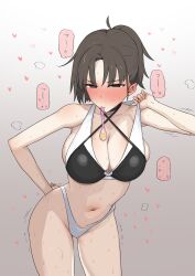 absurdres ahoge aoyagi_kabota bare_shoulders bikini black_bikini blush breasts brown_hair choker cleavage condom fate/grand_order fate_(series) female grey_eyes highres large_breasts looking_at_viewer mouth_hold multicolored_bikini navel parted_bangs ryougi_shiki ryougi_shiki_(swimsuit_mooncancer)_(first_ascension) short_hair swimsuit thighs two-tone_bikini used_condom white_bikini